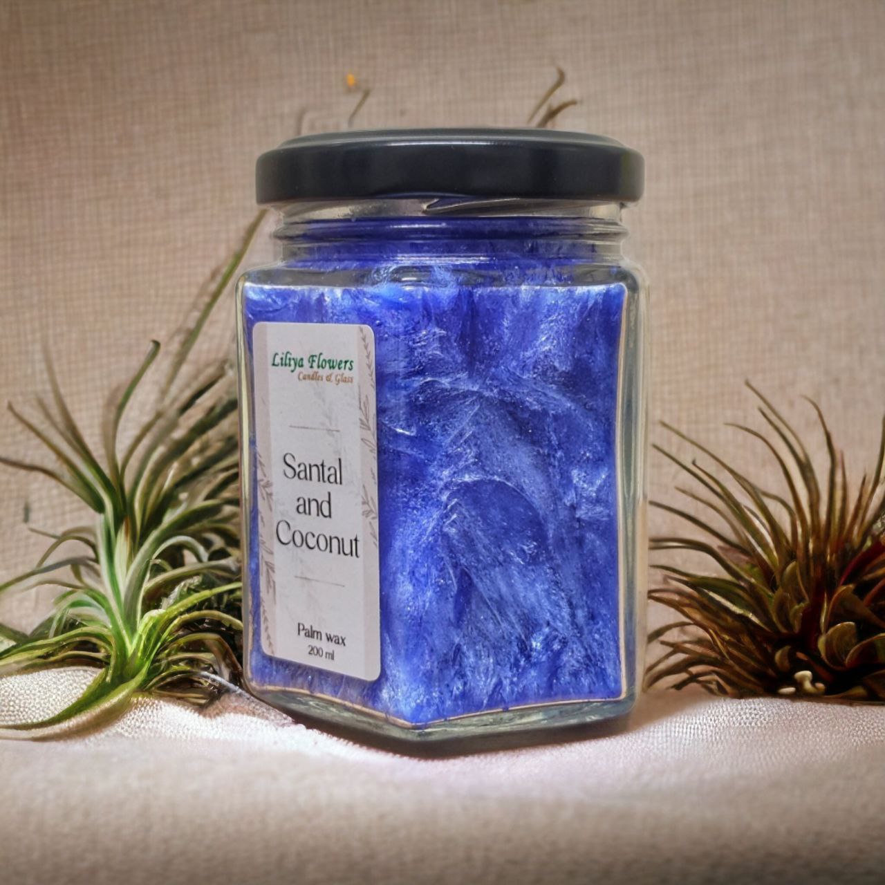 Синя свічка Santal and Coconut з пальмового воску з ароматом