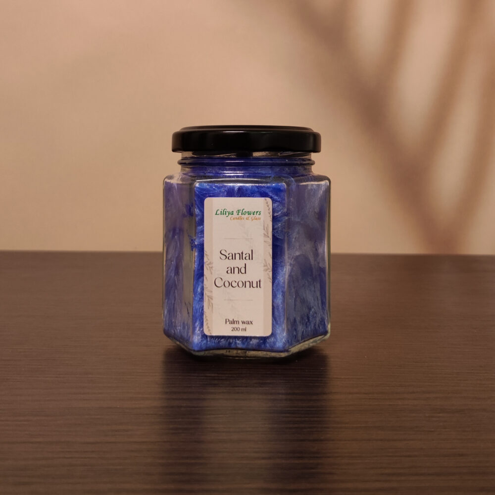Синя свічка Santal and Coconut з пальмового воску з ароматом